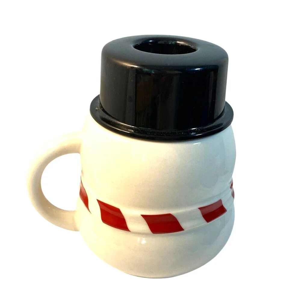 4 Snowman Mug 8 oz Williams Sonoma Cup with Top Hat Lid Winter Christmas 2004
